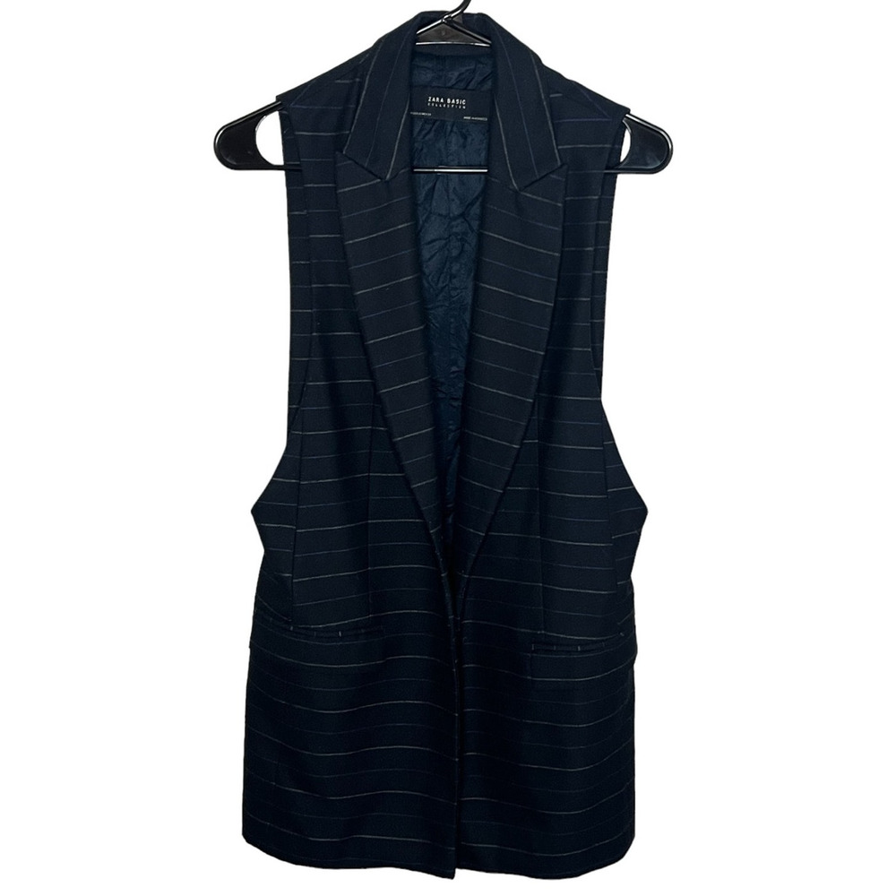 Zara Basic Pinstripe Longline Vest Blazer XS Navy Blue Office Siren Corpcore